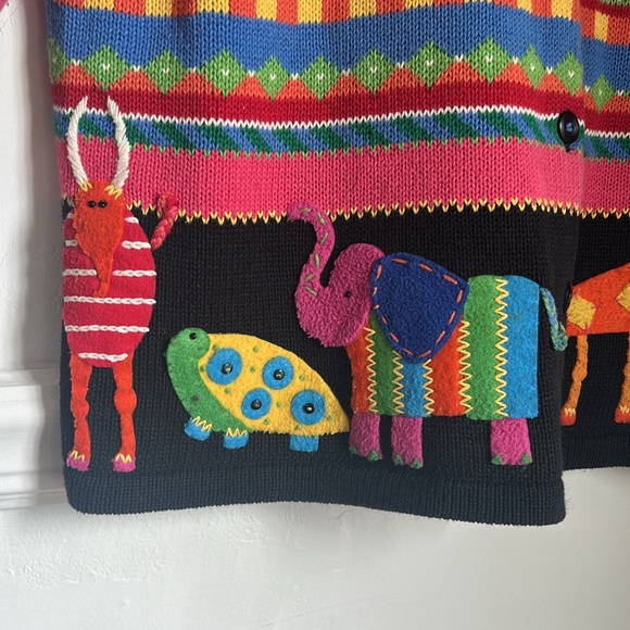 Vintage Susan Bristol Multicolor Striped Knit Cardigan Embroidered Animals - Picture 2 of 7